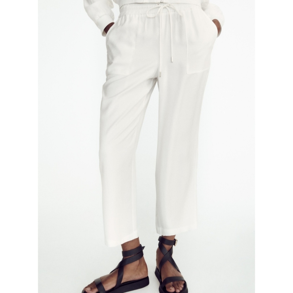 Zara white pajama style cropped lightweight elastic waistband pants Sz L